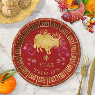 Assiettes En Carton Chinois Zodiac Ox Rouge/Or ID542