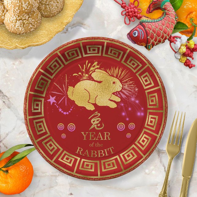 Assiettes En Carton Chinois Zodiac Rabbit Rouge/Or ID542 (Créateur téléchargé)