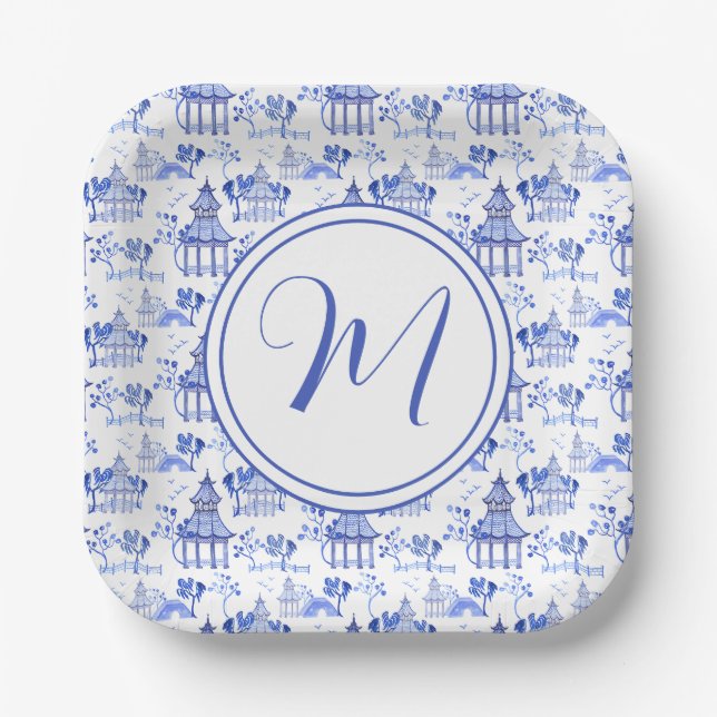 Assiettes En Carton Chinoiserie Aquarelle Pagode Motif (Recto)
