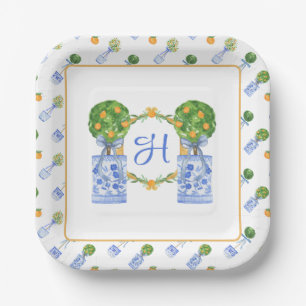 Assiettes En Carton Chinoiserie Aquarelle Topiaire Citron Monogramme