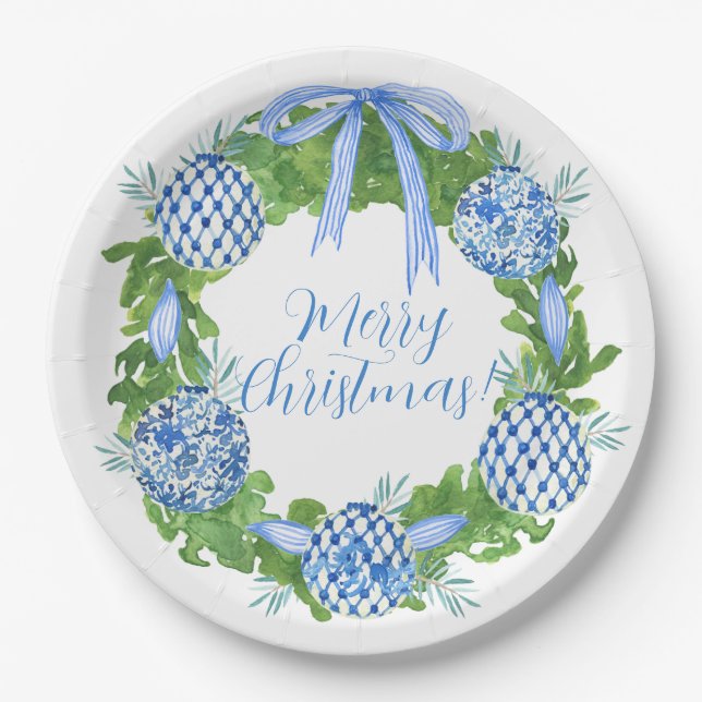Assiettes En Carton Chinoiserie Bleue et Blanche Feu de Noël (Devant)