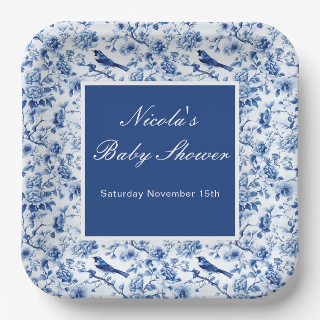 Assiettes En Carton Chinoiserie Blue Birds and Flowers Baby Shower (Recto)
