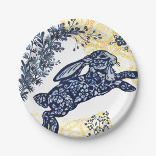 Assiettes En Carton Chinoiserie de lapin jaune bleu oriental