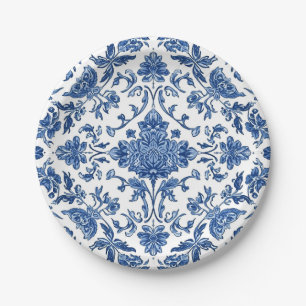 Assiettes En Carton Chinoiserie Florale Bleue Aquarelle Blanche