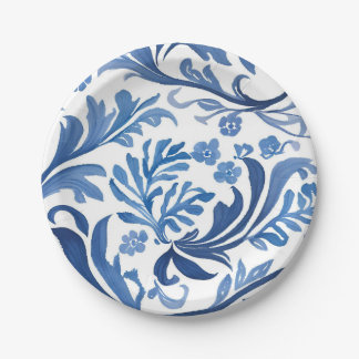 Assiettes En Carton Chinoiserie Florale Botanique Bleu Blanc