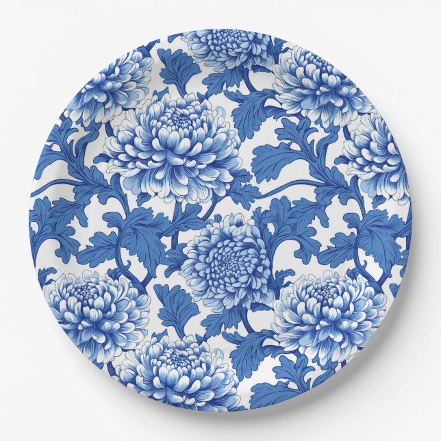 Assiettes En Carton Chinoiserie Florale Peony bleu et blanc (Devant)
