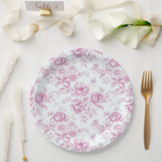 Assiettes En Carton Chinoiserie Rose Élégante  (Mariage)