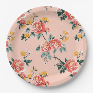 Assiettes En Carton Chinoiserie rose pâle Floral