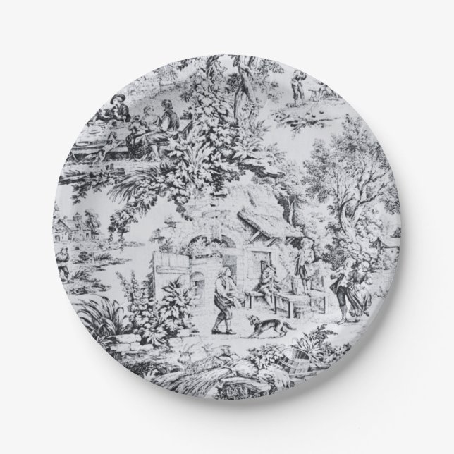 Assiettes En Carton Chinoiserie Toile Noir Blanc Style Rustique (Devant)