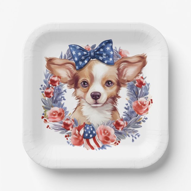 Assiettes En Carton Chiot patriotique 4 juillet fête de l'indépendance (Recto)