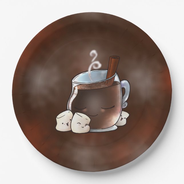 Assiettes En Carton Chocolat chaud de Kawaii et Marshmallows (Devant)