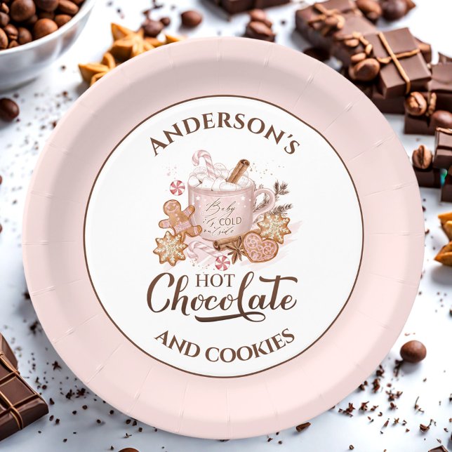 Assiettes En Carton Chocolat chaud rose de Noël Nom Plaques de papier (Hot Chocolate Pink Christmas Name Paper Plates)