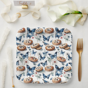Assiettes En Carton Chocolat Chip Sandwich Cookies & Papillons bleus