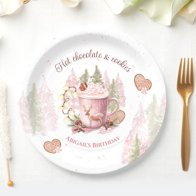 Assiettes En Carton Chocolat rose chaud Noël Plaques de papier d'anniv (Pink Hot Chocolate Christmas Birthday Paper Plates)