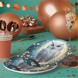Assiettes En Carton Chouette À Neige Et Lune Avec Étincelle,
