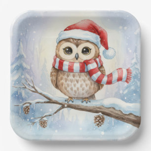 Assiettes En Carton Chouette de Noël à l'aquarelle avec un chapeau de