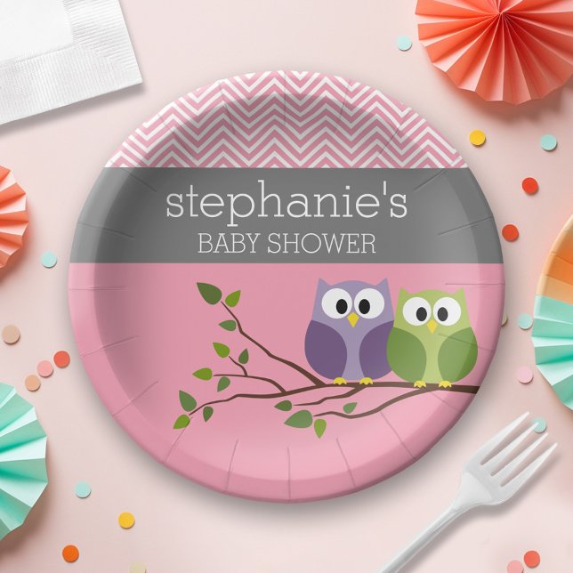 Assiettes En Carton Chouette mignonne en Branche - Bébé rose fille Dou (Personalized Baby Shower Plates - Cute Woodland Owl)
