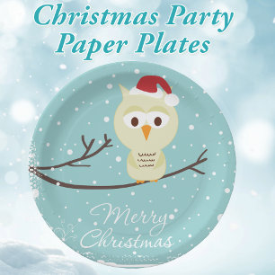 Assiettes En Carton Chouette Père Noël Joyeux Noël Bleu clair