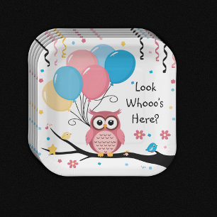 Assiettes En Carton Chouette rose mignonne avec ballons et Baby shower