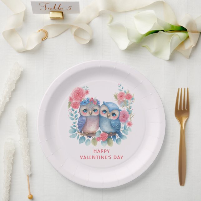 Assiettes En Carton Chouettes amoureuses assis sur une branche d'arbre (Mariage)