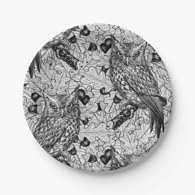 Assiettes En Carton Chouettes dans le chêne, noir et blanc (Devant)
