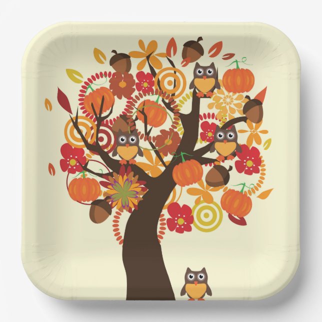 Assiettes En Carton Chouettes D'Automne Et Citrouilles (Recto)