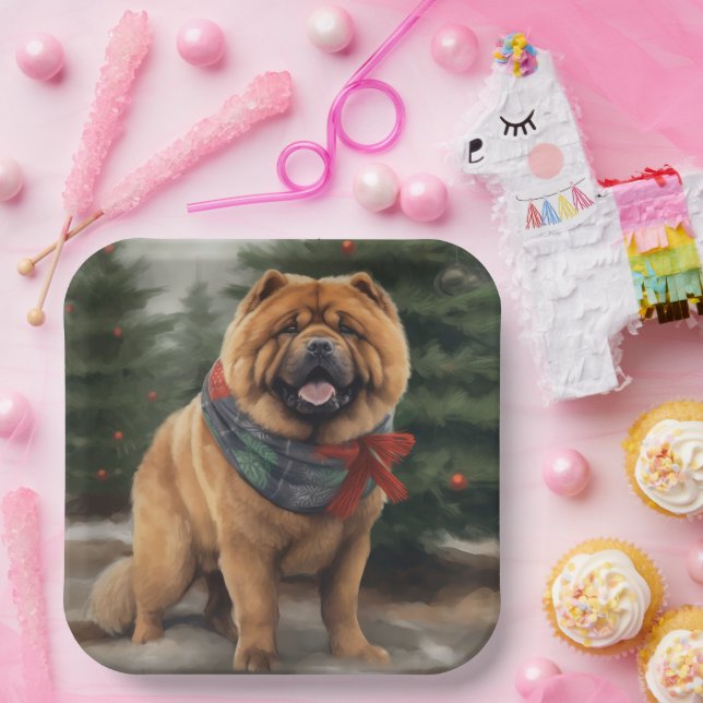Assiettes En Carton Chow Chow Chien de Noël en neige (Fête)