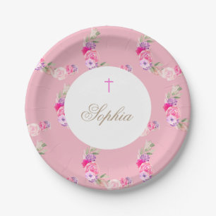 Assiettes En Carton Christine Baptême Fille Rose Florale Fête