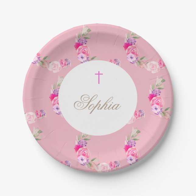 Assiettes En Carton Christine | Baptême Fille Rose Florale Fête (Devant)