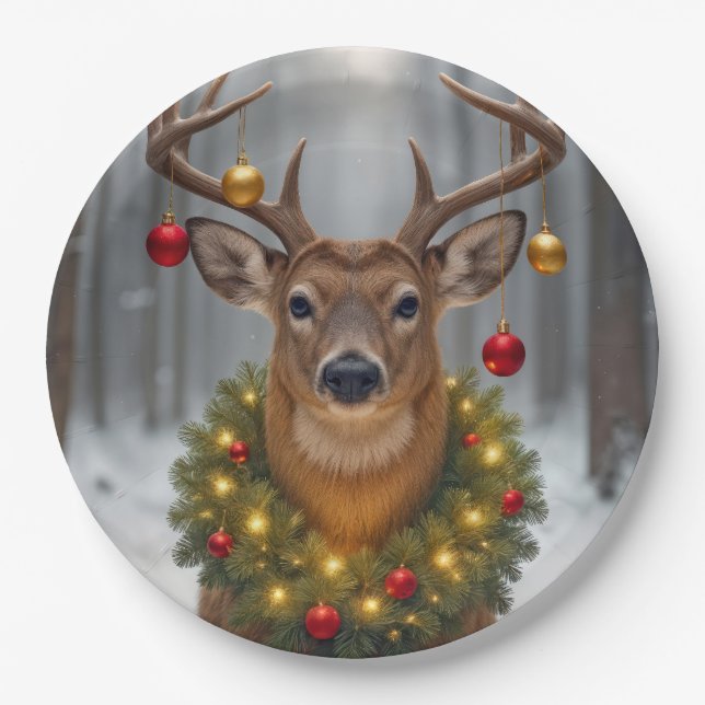 Assiettes En Carton Christmas Buck Wearing a Glowing Wreath (Devant)