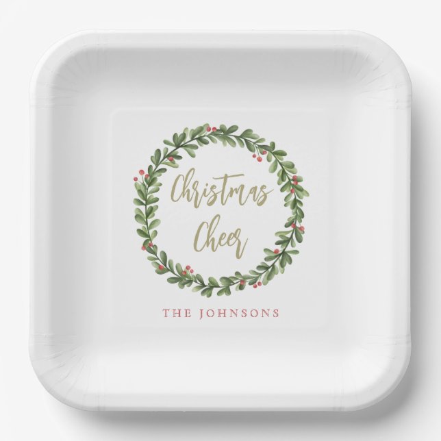 Assiettes En Carton Christmas Cheer Wreath Gold Script Personalized (Recto)