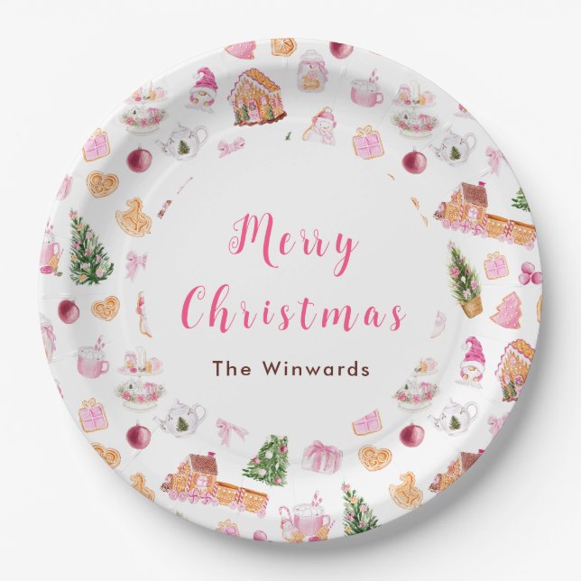 Assiettes En Carton Christmas Gingerbread Pink Merry Christmas (Devant)