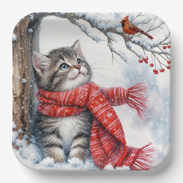 Assiettes En Carton Christmas Kitty Regarder un cardinal (Recto)