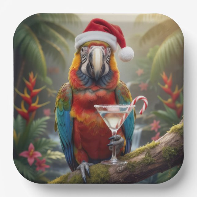 Assiettes En Carton Christmas Macaw Parrot With Martini Cocktail (Recto)