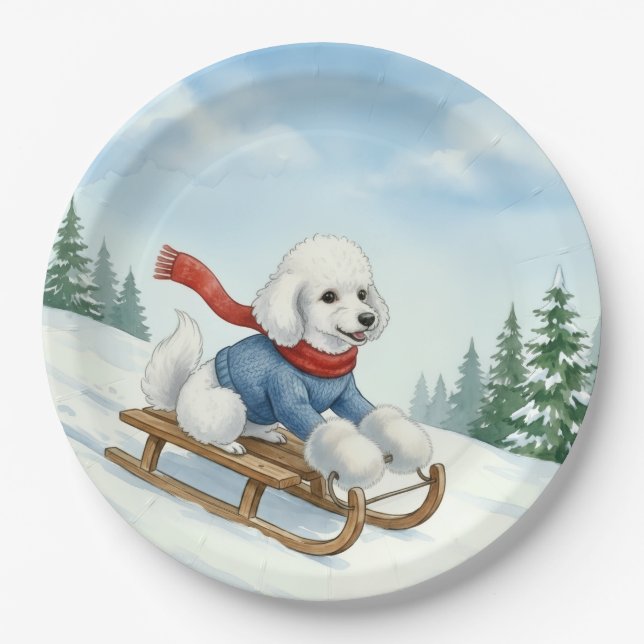 Assiettes En Carton Christmas Poodle Sledding, Paper Plates (Devant)