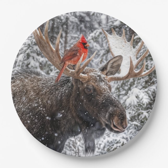 Assiettes En Carton Christmas Red Cardinal On Snowy Moose Antlers (Devant)