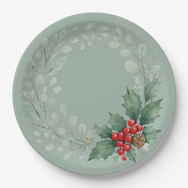 Assiettes En Carton Christmas red winter berries and greenery (Devant)