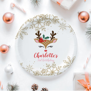 Assiettes En Carton Christmas Reindeer Anniversaire Gold Snowflakes