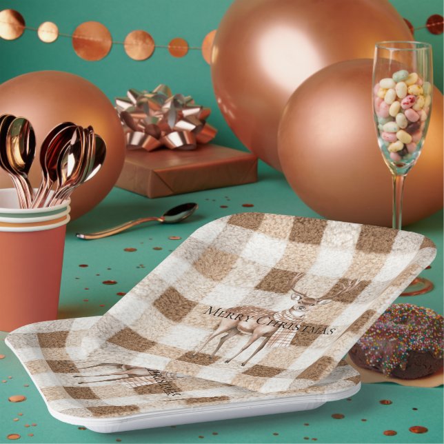 Assiettes En Carton Christmas Rustic Cream Brown Plaid Deer (Multi)