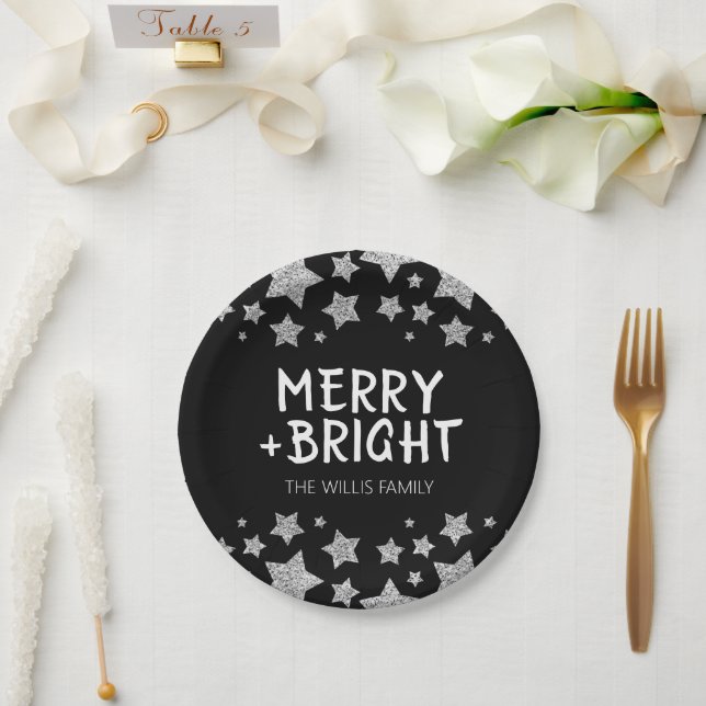 Assiettes En Carton Christmas Sparkle Stars Joyeux Nom de famille (Mariage)