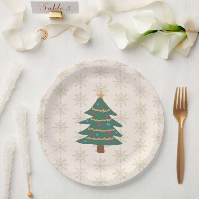 Assiettes En Carton Christmas Tree Illustration Snowflake Pattern (Mariage)
