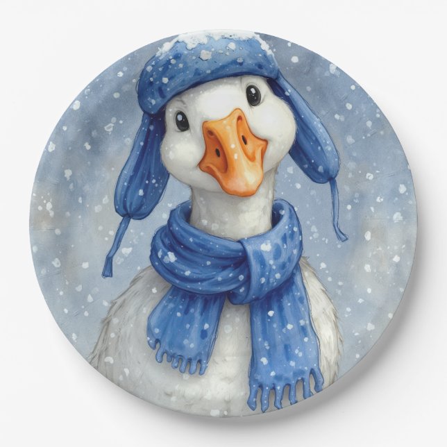 Assiettes En Carton Christmas White Winter Goose With Blue Scarf (Devant)