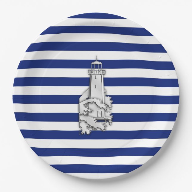 Assiettes En Carton Chrome comme phare sur les rayures nautiques (Devant)