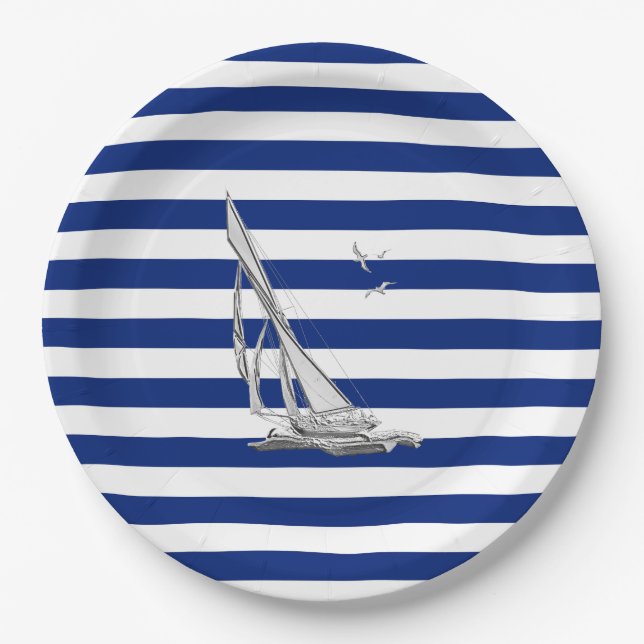 Assiettes En Carton Chrome voile sur les bandes marines (Devant)