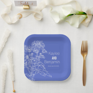 Assiettes En Carton Chrysanthème blanc sur fleurs bleues mariage