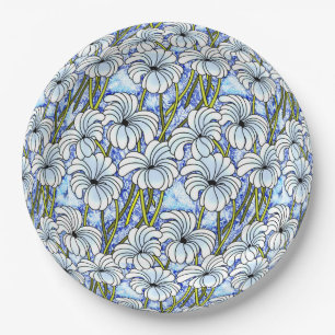 Assiettes En Carton Chrysanthèmes - Blanc, Bleu, Vert