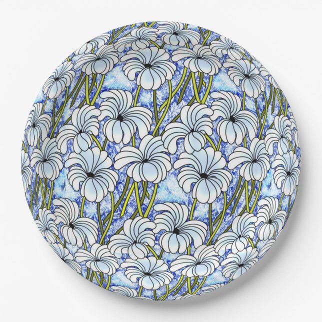 Assiettes En Carton Chrysanthèmes - Blanc, Bleu, Vert (Devant)