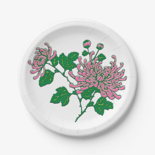 Assiettes En Carton Chrysanthèmes chinois - rose doux