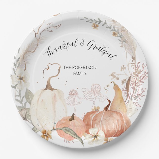 Assiettes En Carton Chute Citrouille aquarelle Florale Merci Grateful (Devant)