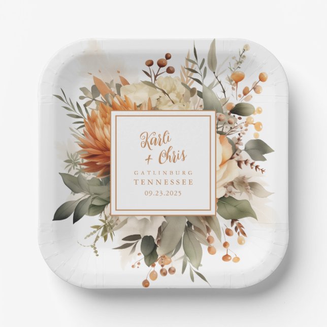 Assiettes En Carton Chute d'Orange Brûlée Florale & Verdure (Recto)